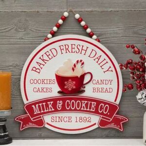 Milk & Cookie Beaded Wood Wall Decor Red and White Holiday Sign